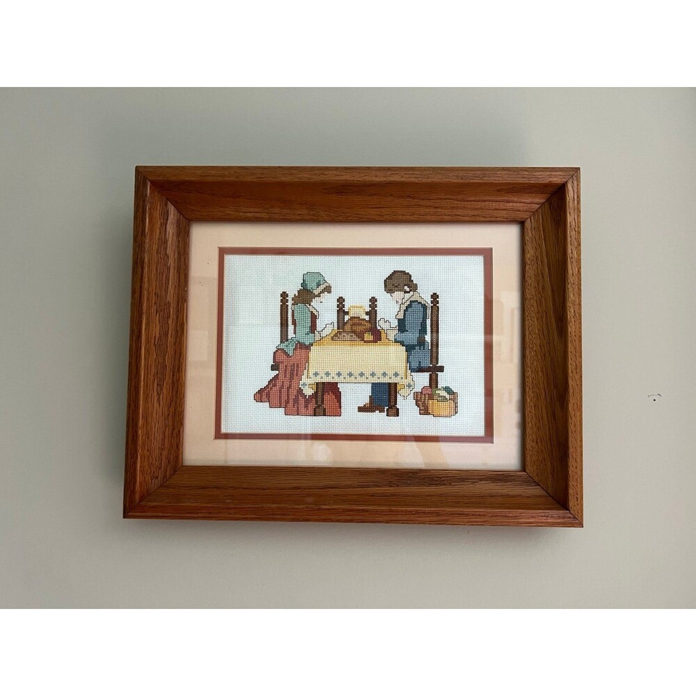 1970s VTG Fall Pilgrim Thanksgiving Cross-Stitch Needlepoint Framed Art Piece